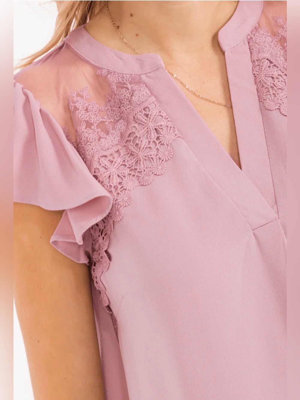 Lace Flutter Sleeve Blouse - Dusty Rose - Picture 3 of 5